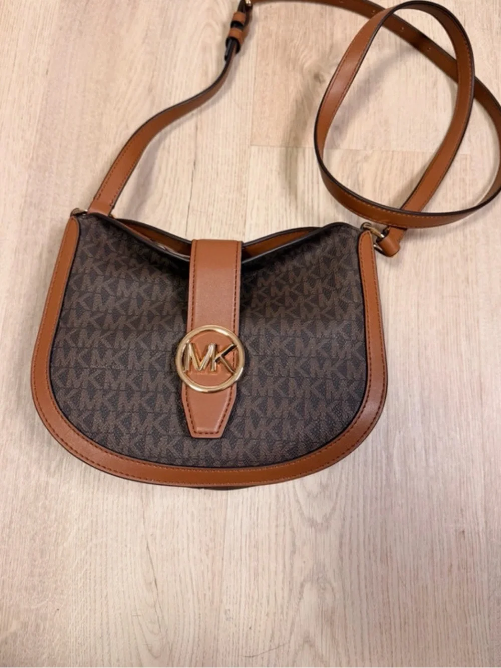 Michael Kors Brown & Tan MK Logo Crossbody Saddle Bag